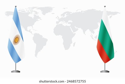 Argentina and Bulgaria flags for official meeting against background of world map.