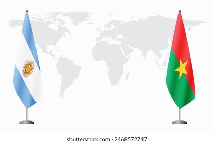 Argentina and Burkina Faso flags for official meeting against background of world map.