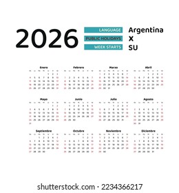 Argentina Calendar 2026. Week starts from Sunday. Vector graphic design. Spanish language.