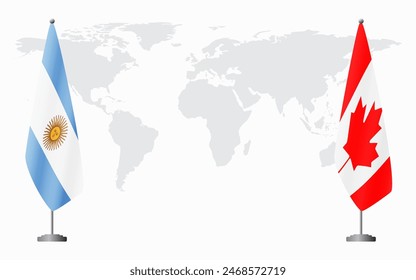 Argentina and Canada flags for official meeting against background of world map.