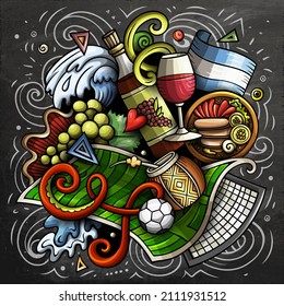 Argentina cartoon vector doodle chalkboard illustration. Colorful detailed composition with lot of Argentinian objects and symbols