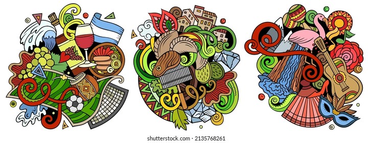 Diseños de doodles vectoriales de Argentina. Coloridas composiciones detalladas con muchos símbolos tradicionales. Isolación en ilustraciones blancas