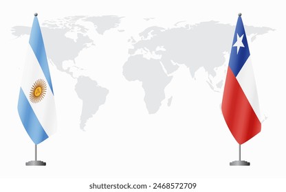 Argentina and Chile flags for official meeting against background of world map.