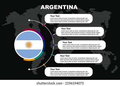 Infografía del círculo argentino con espacios de texto informativos, fondo negro con mapa del mundo, bandera del país circundante argentino, idea gráfica de presentación, información y plantilla de datos para los países