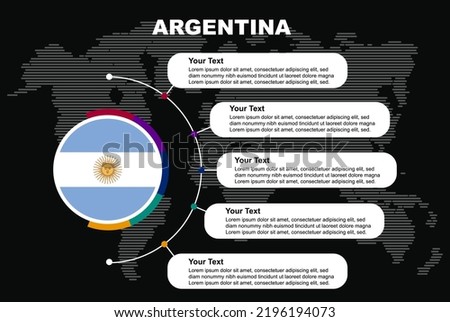 Argentina circle infographic with information text spaces, black background with world map, Argentina circle country flag, presentation graphic idea, info and data template for countries