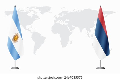 Argentina and civil Serbia flags for official meeting against background of world map.