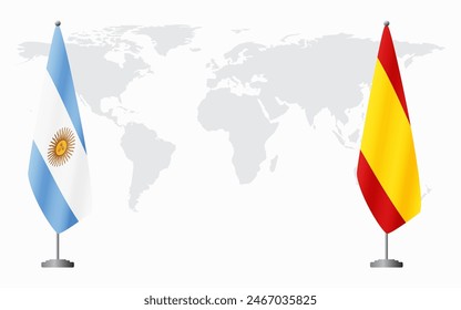 Argentina and civil Spain flags for official meeting against background of world map.