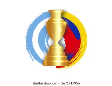 Argentina and Colombia champion golden cup concept. Game soccer competition world icon. World gold trophy. Kids Camp, Sports, Championship, Copa, America. Vector isolated on white background