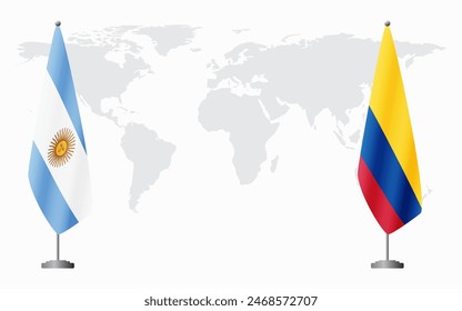 Argentina and Colombia flags for official meeting against background of world map.