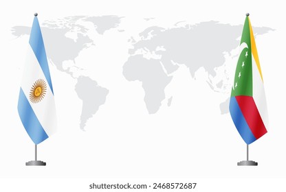 Argentina and Comoros flags for official meeting against background of world map.