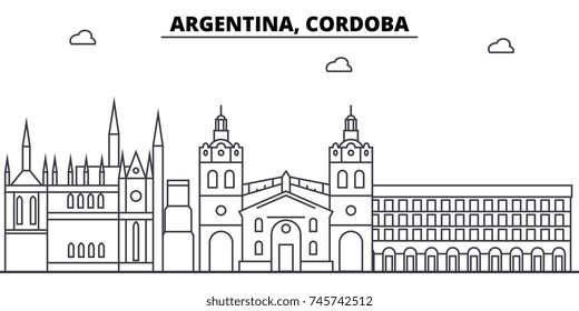 Argentina, Cordoba architecture skyline buildings, silhouette, outline landscape, landmarks. Editable strokes. Urban skyline illustration. Flat design vector, line concept