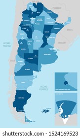 Argentina country detailed vector map with divided provinces, regions, departments, islands and capitals.