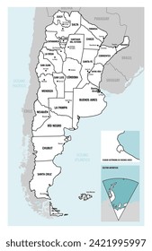 Argentina country detailed vector map with divided provinces, regions, departments, islands and capitals. Southamerica.