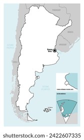 Mapa de vector detallado de Argentina con capital y otros territorios. Sudamérica.