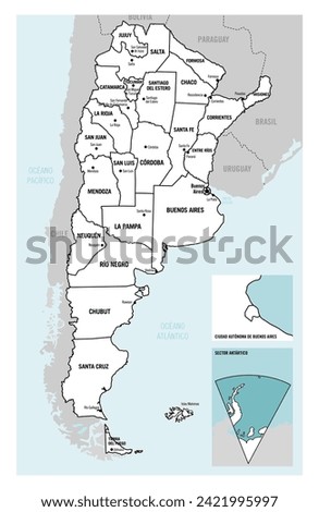 Argentina country detailed vector map with divided provinces, regions, departments, islands and capitals. Southamerica.