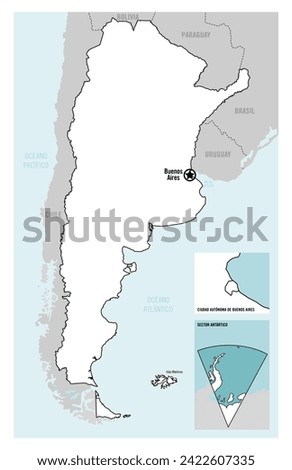 Argentina country detailed vector map with capital city and other territories. Southamerica.
