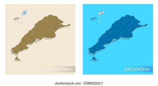 Argentina country flag installed on geographic positioning map point of country territory. Argentinian commonwealth banner on land and sea. Festive patriotic HD format template for independence day