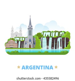 Argentina country flat cartoon style historic sight web site vector illustration. World vacation travel America collection. Jesuit Block and Estancias Teatro Colon Cathedral of San Carlos de Bariloche