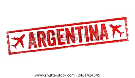 Argentina - the country located in South America, is the second largest country in South America by land area and the eighth largest in the world, text emblem stamp with airplane