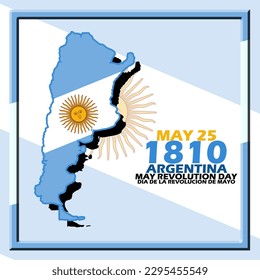 Mapa de Argentina con bandera y texto en negrita en un marco para conmemorar el Día de la Revolución de Mayo el 25 de mayo en Argentina