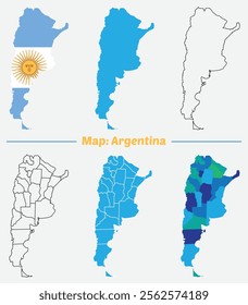 Argentina country map set. internal provinces borders marked, Simple map of Argentina vector drawing, Filled and outline.