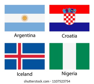 Argentina, Croatia, Iceland, Nigeria. Set of vector national flags icons isolated on white background. Proportion 2:3.