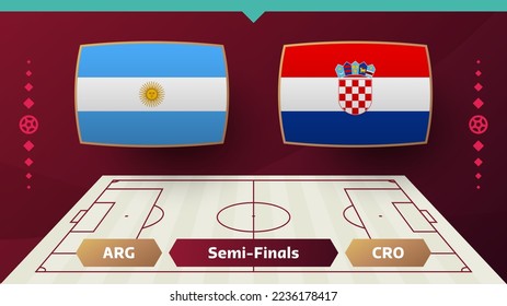 semifinales de la eliminatoria argentina croatia del partido Fútbol 2022. Partido del Campeonato Mundial de Fútbol 2022 versus equipo de fondo deportivo de introducción, afiche de la competencia del campeonato, vector.