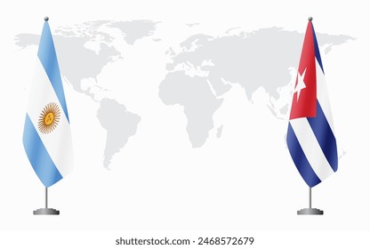 Argentina and Cuba flags for official meeting against background of world map.