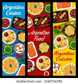 Argentina cuisine and Argentine food banners with dishes and meals, vector restaurant menu. Argentinian empanadas, BBQ with meat and sausages grill, chimichurri and bean stew, cookies and cakes