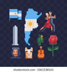 Argentina cultural symbols part 4 with obelisk in Buenos Aires, national flag, tango dance couple character,  rose and guitar isolated vector illustration. Design for stickers, logo, app. 8-bit sprite