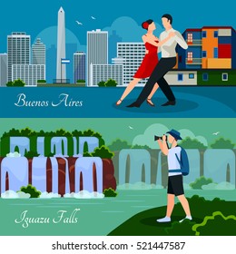 Argentina culture landmarks and nature 2 flat horizontal banners with waterfalls cityscape and dancing couple isolated vector illustration  