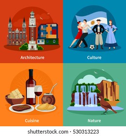 Argentina culture nature architecture and national cuisine dishes 4 flat icons square composition isolated vector illustration 