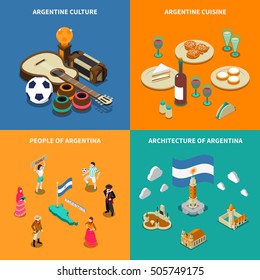 Argentina culture traditions and national  cuisine dishes for tourists 4 isometric icons square poster isolated vector illustration 