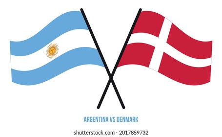 Argentina and Denmark Flags Crossed And Waving Flat Style. Official Proportion. Correct Colors.