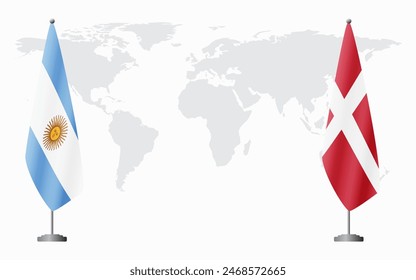 Argentina and Denmark flags for official meeting against background of world map.