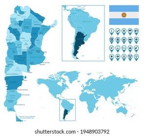 Argentina detailed administrative blue map with country flag and location on the world map.