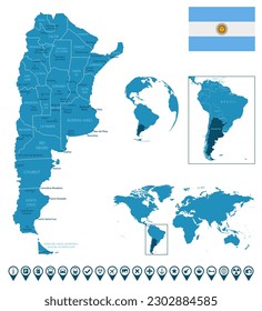 Argentina - detailed blue country map with cities, regions, location on world map and globe. Infographic icons. Vector illustration