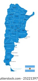 Argentina - detailed blue country map with cities and regions. Vector illustration.