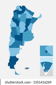 Argentina detailed country map with separated provinces easy to ungroup. Includes antarctic territory and zoom to capital city, Buenos Aires.