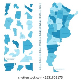 Argentina - detailed map of the country in blue colors, divided into regions. Infographic icons. Vector illustration.