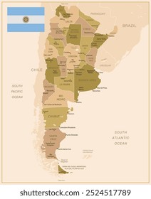 Argentina - mapa detalhado do país em cores marrons, dividido em regiões. Ilustração vetorial