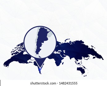 Argentina detailed map highlighted on blue rounded World Map. Map of Argentina in circle.