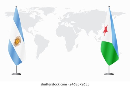 Argentina and Djibouti flags for official meeting against background of world map.