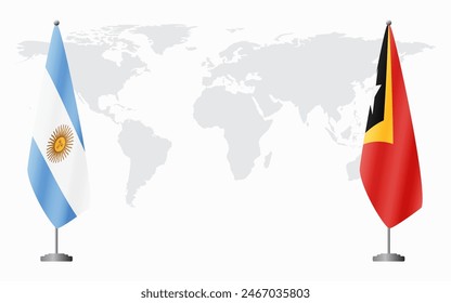 Argentina and East Timor flags for official meeting against background of world map.