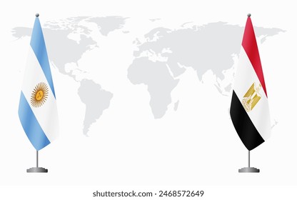 Argentina and Egypt flags for official meeting against background of world map.