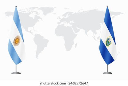 Argentina and El Salvador flags for official meeting against background of world map.