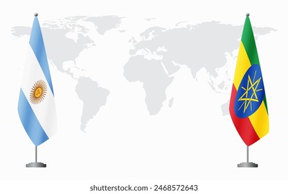 Argentina and Ethiopia flags for official meeting against background of world map.