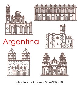 Argentina famous land mark building and architecture facade line icons. Vector set of Argentinean churches and cathedrals of Buenos Aires Franciscan monastery of Latin America travel sightseeings