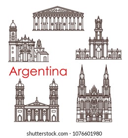 Argentina famous landmark buildings and sightseeing architecture line icons. Vector set of churches and cathedrals of Buenos Aires El Pilar, San Salvador De Jujuy, San Miguel and La Plata castle