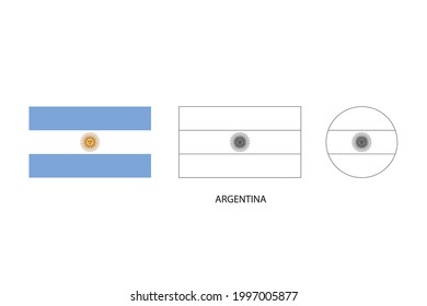 Argentinien Flag 3 Versionen, Vektorgrafik, dünne schwarze Linie des Rechtecks und der Kreis auf weißem Hintergrund.